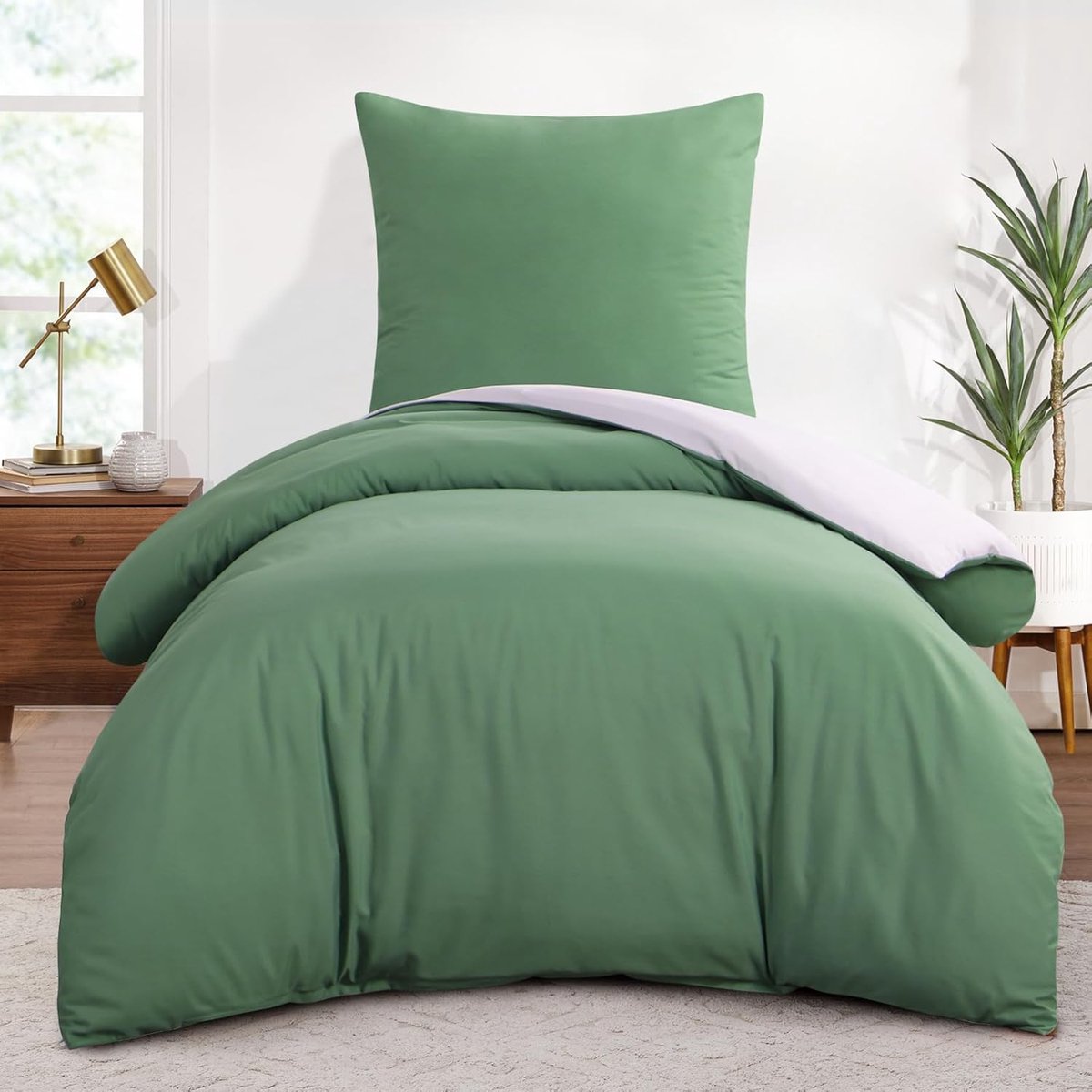 Omkeerbaar beddengoed, 140 x 200 cm, 2-delig, groen en wit dekbedovertrek met kussensloop 65 x 65 cm