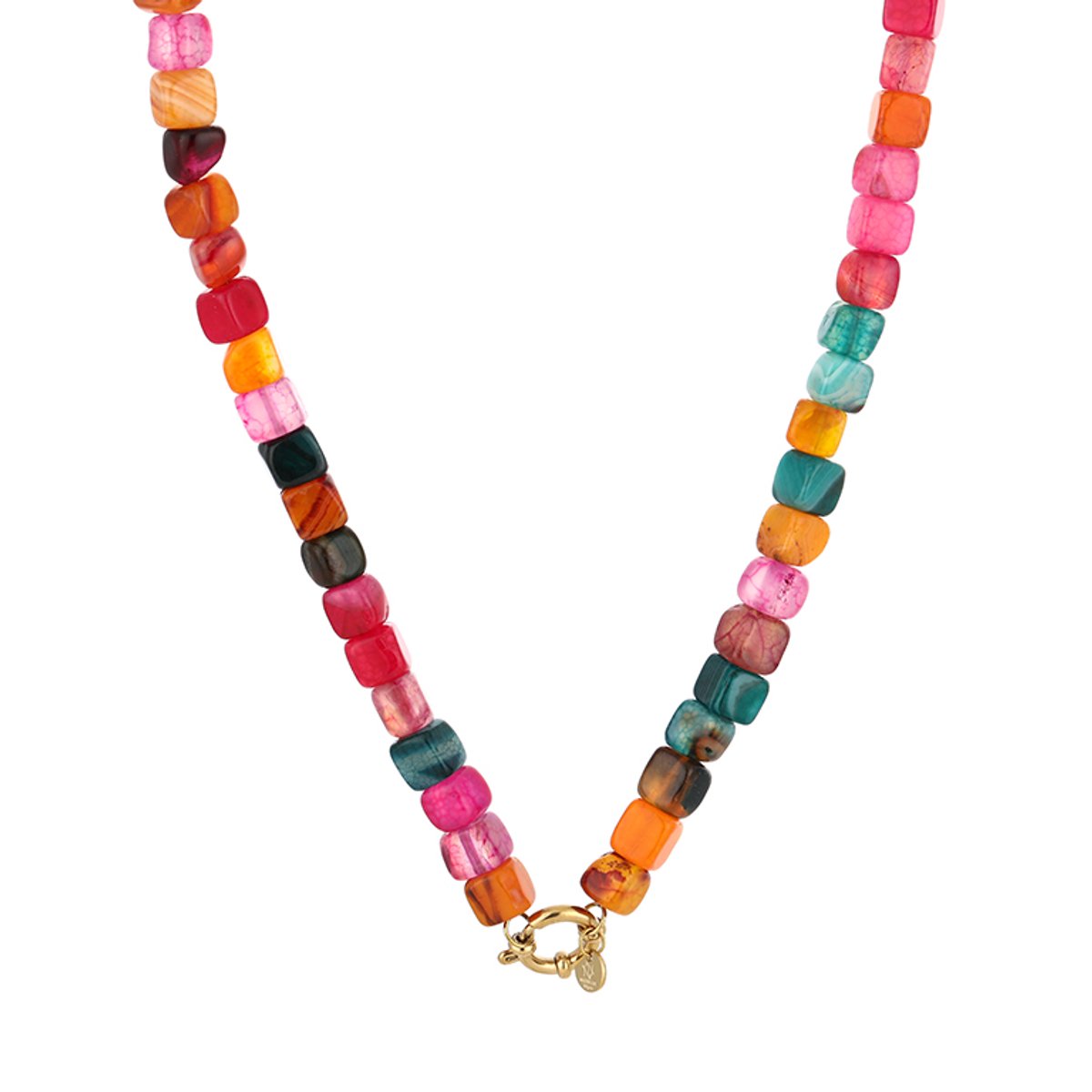 Vierkante Natuurstenen Kralenketting – Natuurstenen Kralen Ketting – RVS - Roze Mix