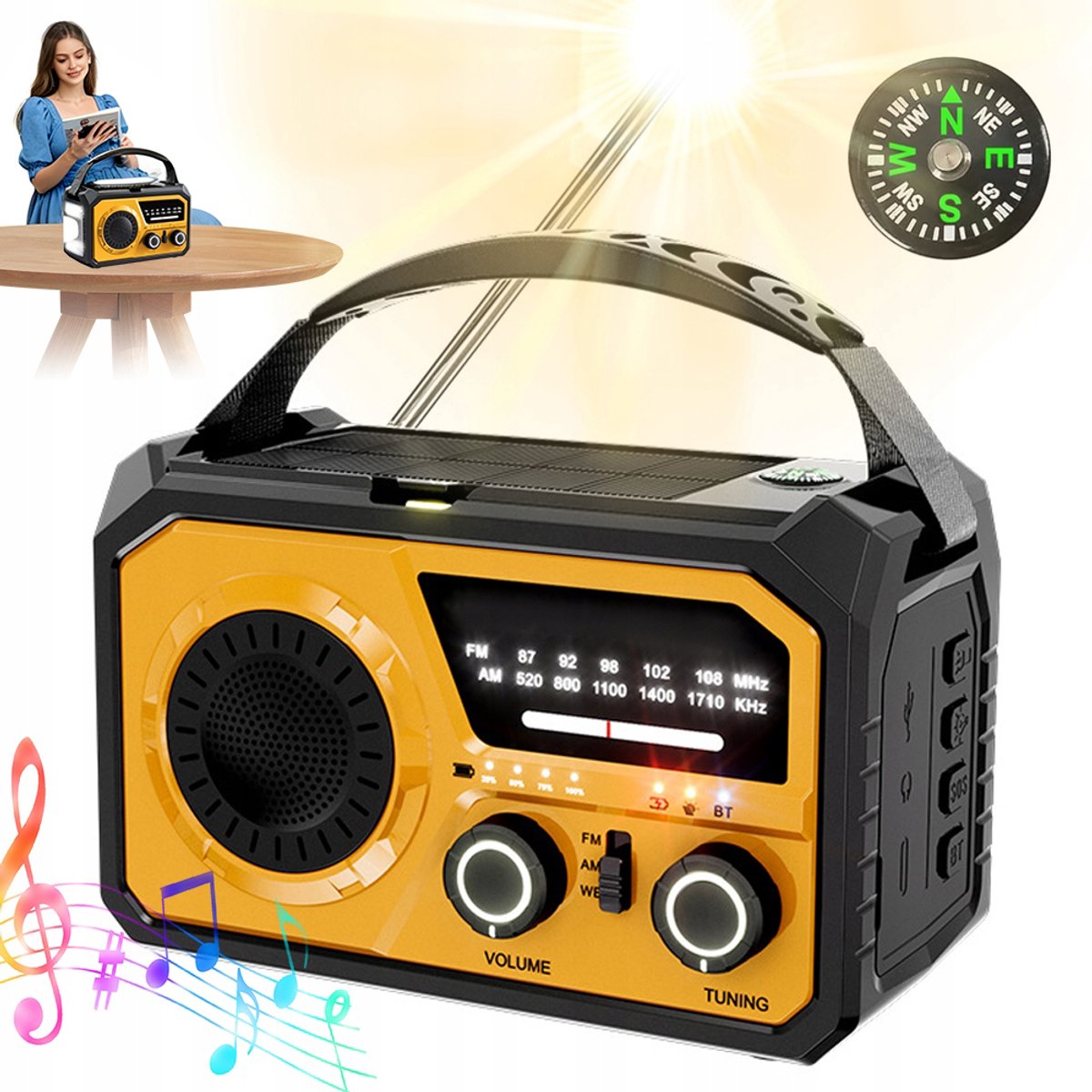 Noodradio - 16000 mAh - Draagbare powerbank - Oplaadbare verlichting - FM/AM-radio - Met opladen via zonne-energie, handaangedreven generator, zaklamp en SOS-noodsignaal - Geschikt voor kamperen, survival in de wildernis en reddingsoperaties - Oranje