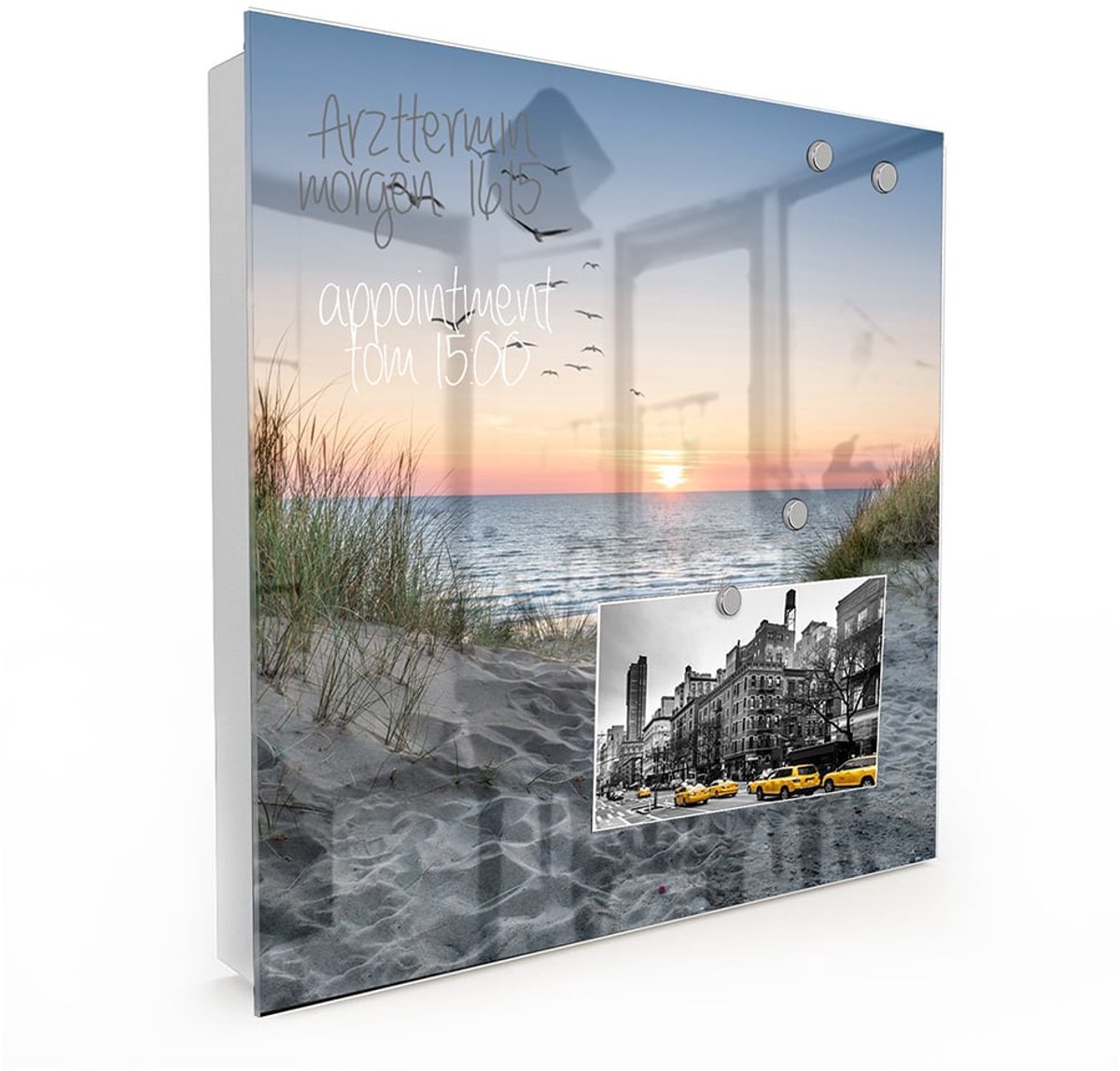MyDesignGlas Sleutelkastje met Glazen Deur en Print – 50 Haken – 30x30x5 cm – Duinen bij Zonsondergang – Metalen Sleutelkast – Wit– Linksopenend