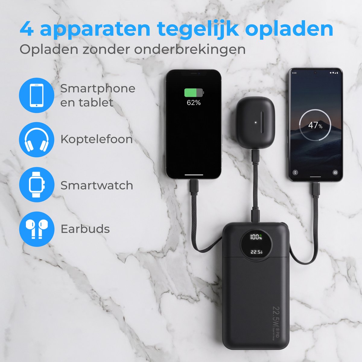 TLS Commerce Nuvance Powerbank 30000 mAh Snellader met Geïntegreerde Kabels - afbeelding 3