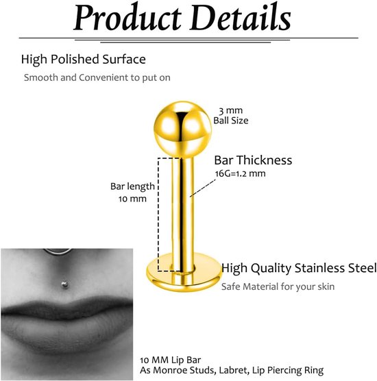 Studs 6mm 8mm 10mm 12mm Rvs Platte Terug Helix Tragus Kraakbeen Oorbel Studs Piercing Zilver Zwart Goud — afbeelding 2
