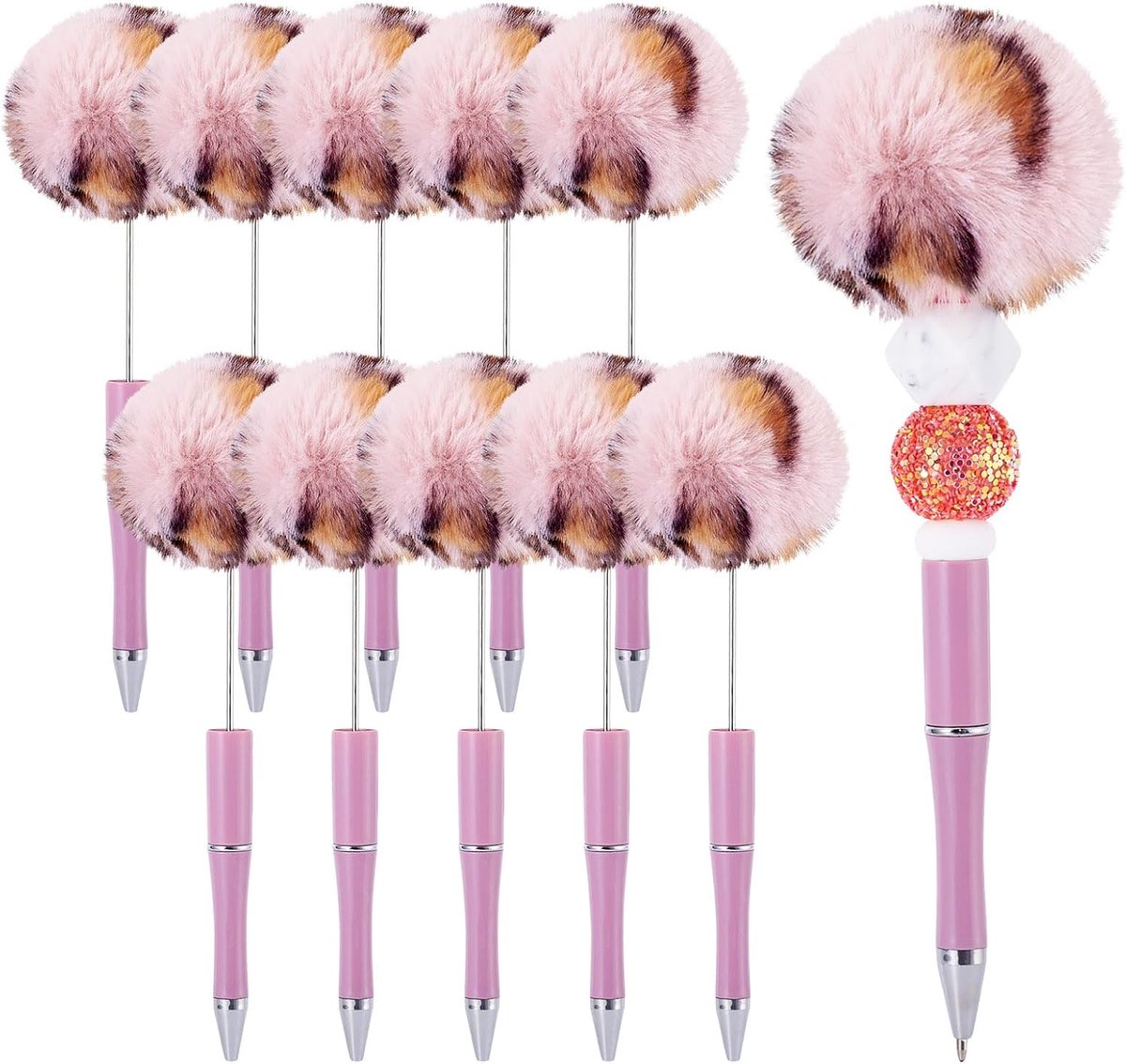10 stuks pluche kralen pennen pluizige balpen pom pom balpen voor doe-het-zelf gepersonaliseerde kralen rollerball pen kantoor schoolbenodigdheden, flamingo