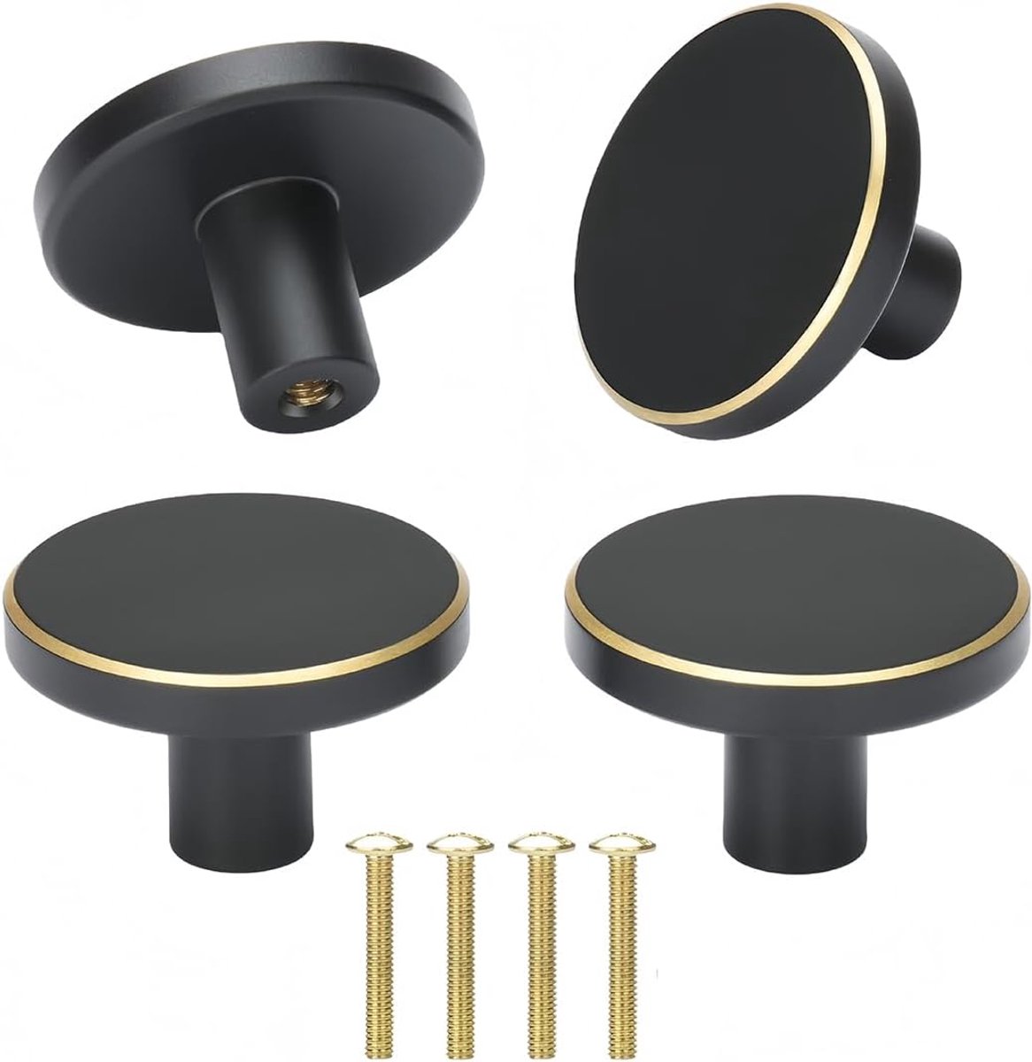4 stuks meubelknoppen, 32 x 20 mm ronde ladeknoppen van messing met schroeven, kastgrepen voor slaapkamers, badkamers en keukens (zwart + goud)