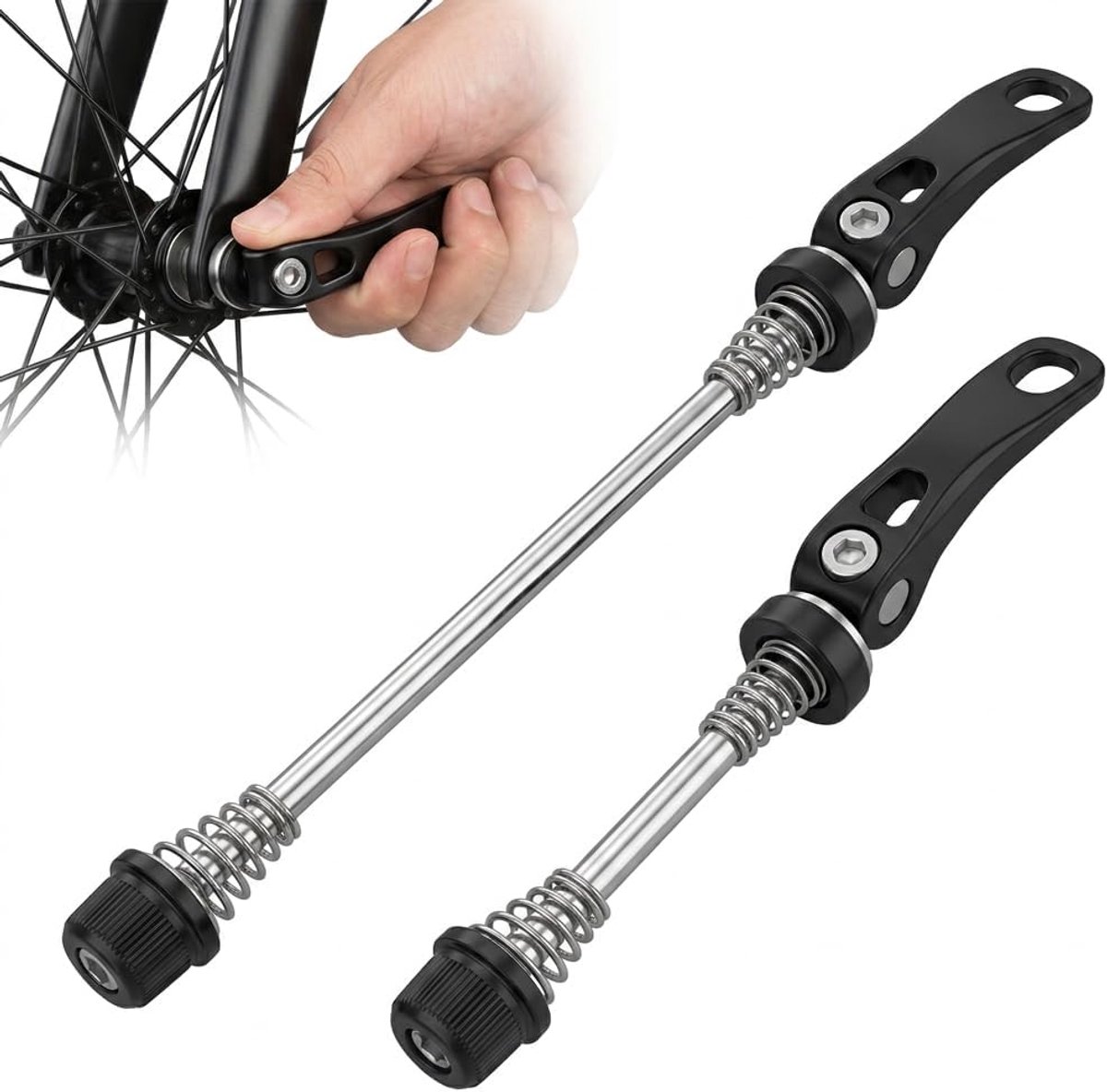 Snelspanner fiets set van 2, 140/190 mm Quick Release MTB racefiets | Voor voorwiel en achterwiel, montage zonder gereedschap, ijzer en aluminiumlegering, pvc-doppen, conische veren
