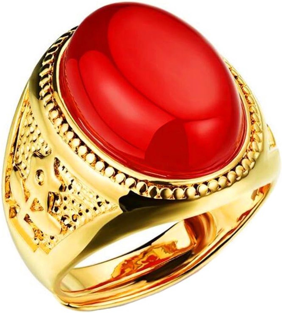 Heren roestvrij staal 18K goud plated smaragd robijn ovaal onyx band verlovingsringen instelbaar, Roestvrij staal, Onyx