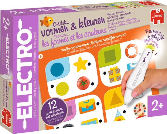 Verpakking van het Jumbo Electro spel 'Ontdek Vormen & Kleuren'. Met een spelbord, een pen en diverse afbeeldingen van vormen, kleuren en dieren.
