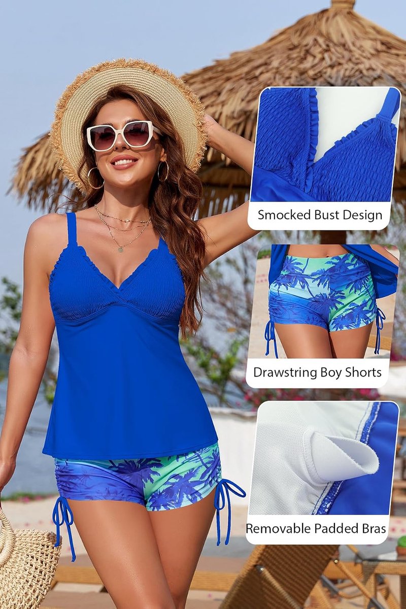 Tankini-set voor dames, met ruches, V-hals, buikweg, rugvrij, tweedelig badpak met hoge taille, zwemshorts S-XXL