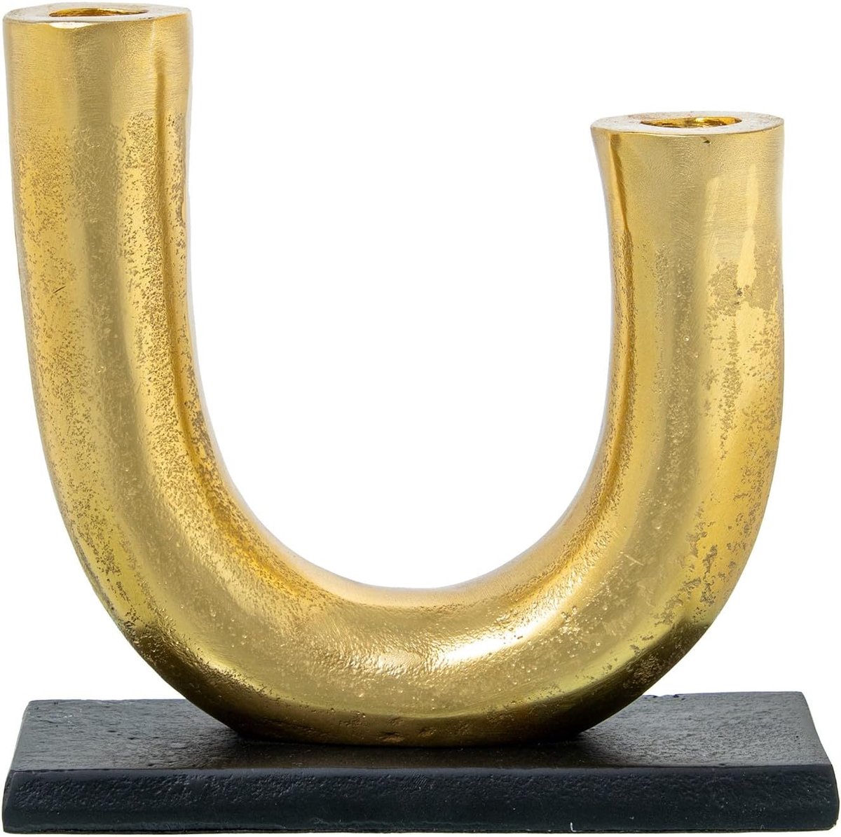 Kandelaar met 2 armen van goudkleurig aluminium en zwarte sokkel, 20 x 8 x 21 cm
