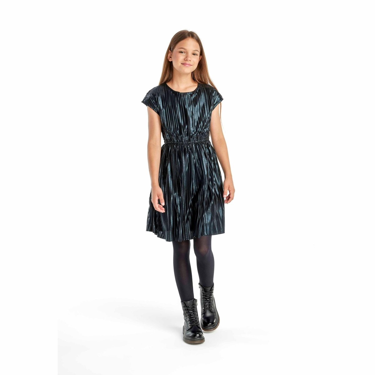 Minoti feestjurk meisjes metallic geplisseerd zwart - knielengte