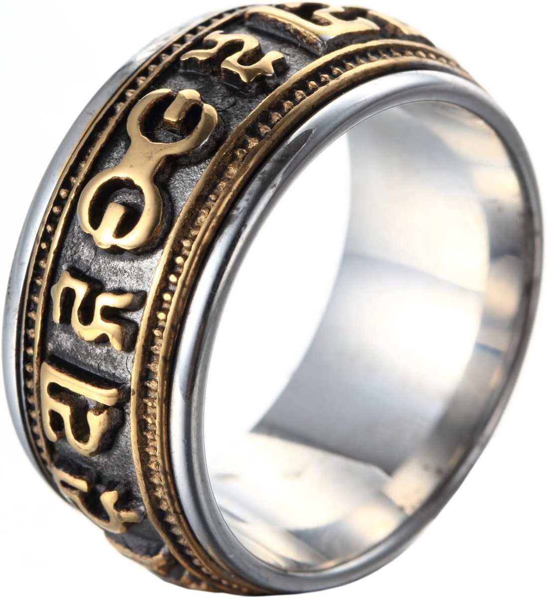 Heren RVS Vintage Boeddhistische Tibetaanse Mantra Om Mani Padme Hum Gebed Spinner Ring Band, Metaal,