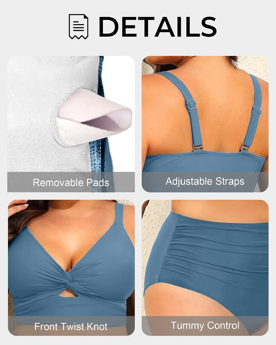 Badpak voor dames, grote maten, tweedelig, hoge taille, push-up, V-hals, gevoerde bikini met buikcontrole, verstelbare twist zwemkleding