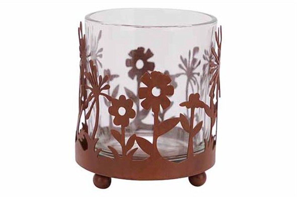 Theelichthouder Flowers Roest 7,5x7,5xh9 Cm Glas Metaal