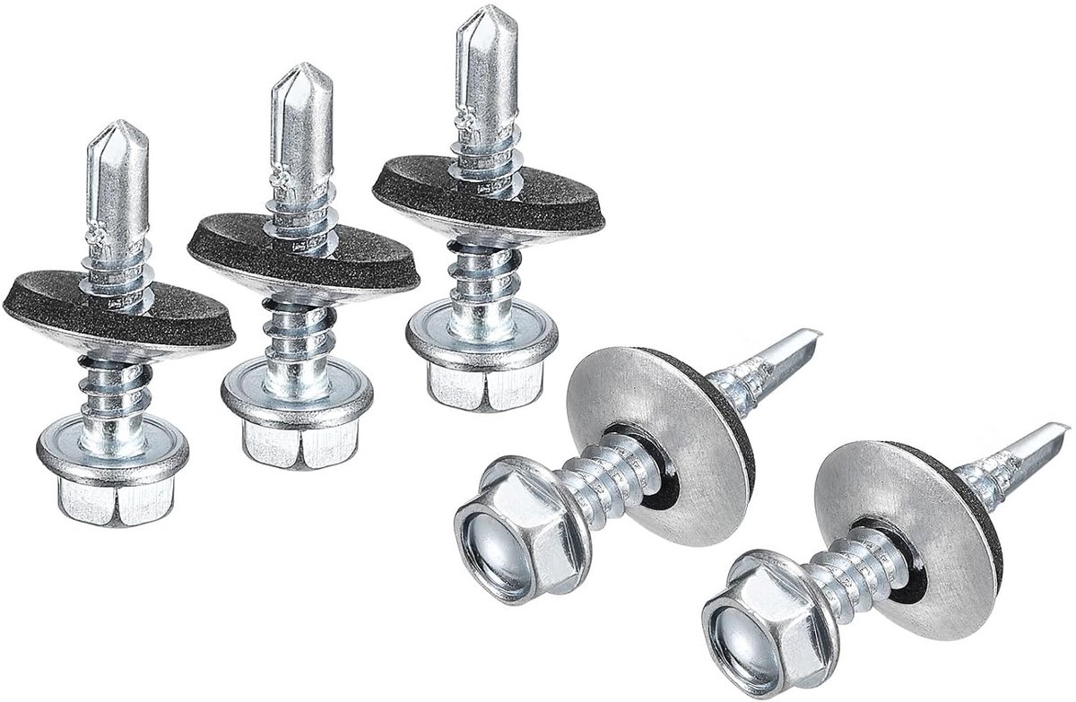 # 12 x 1 inch zelfborende schroeven met rubberen schijf, 25 stuks verzinkt zeskoppige schroeven met EPDM-afdichting voor metaal