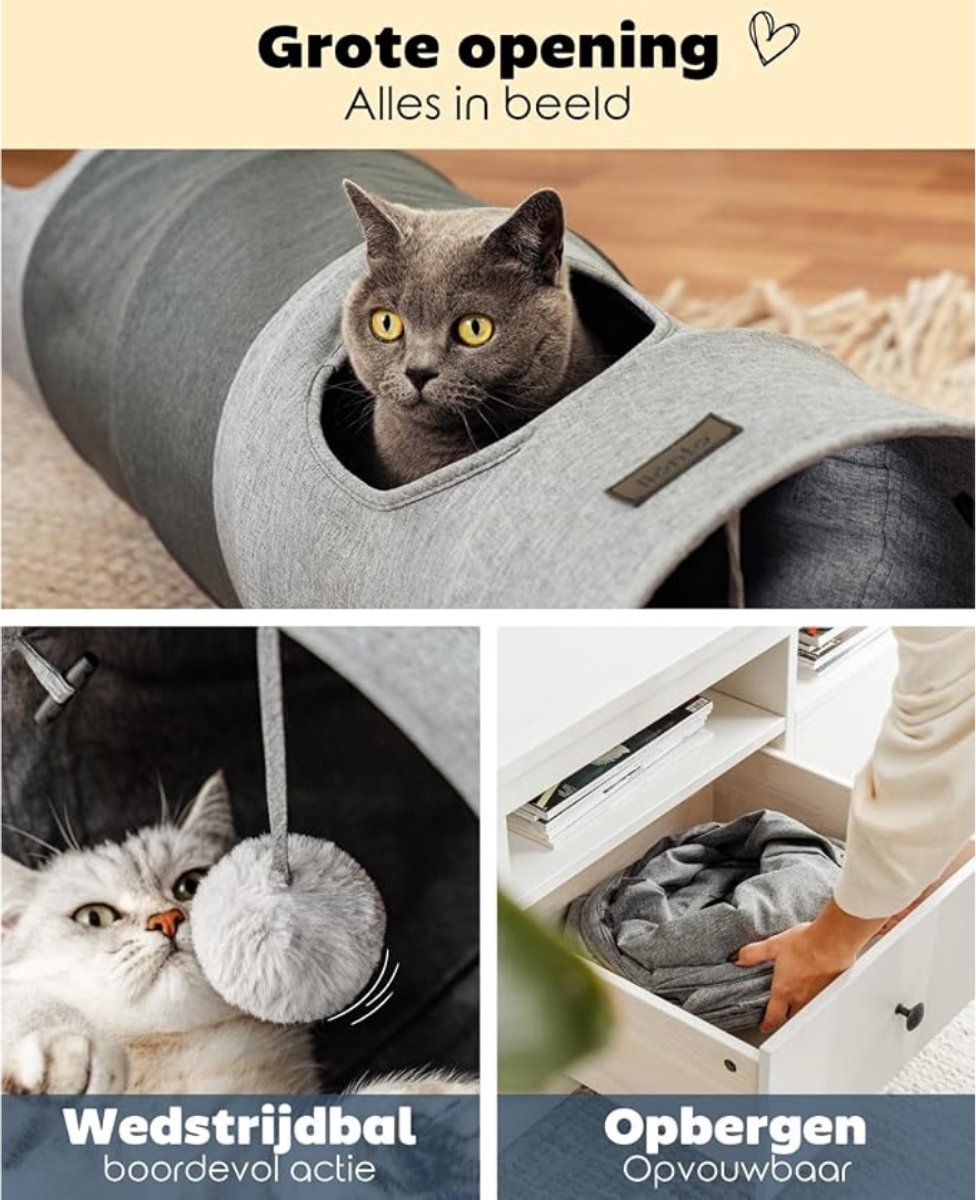 Verte Kattentunnel met Kattenmand - Kattentunnel met Speelbal – Opvouwbaar – Uitbreidbare Speeltunnel van Onderhoudsvriendelijk Imitatielinnen voor Katten – Stevig Kattenspeeltje – 30 x 130 CM – Grijs