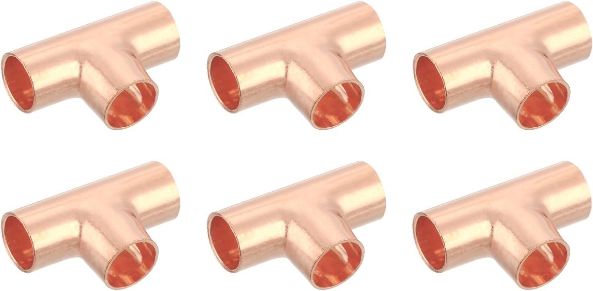 6 stuks 0,39 inch T-stuk van koper T-stuk met soldeeraansluiting voor hydraulische installaties, 32 x 20,5 mm