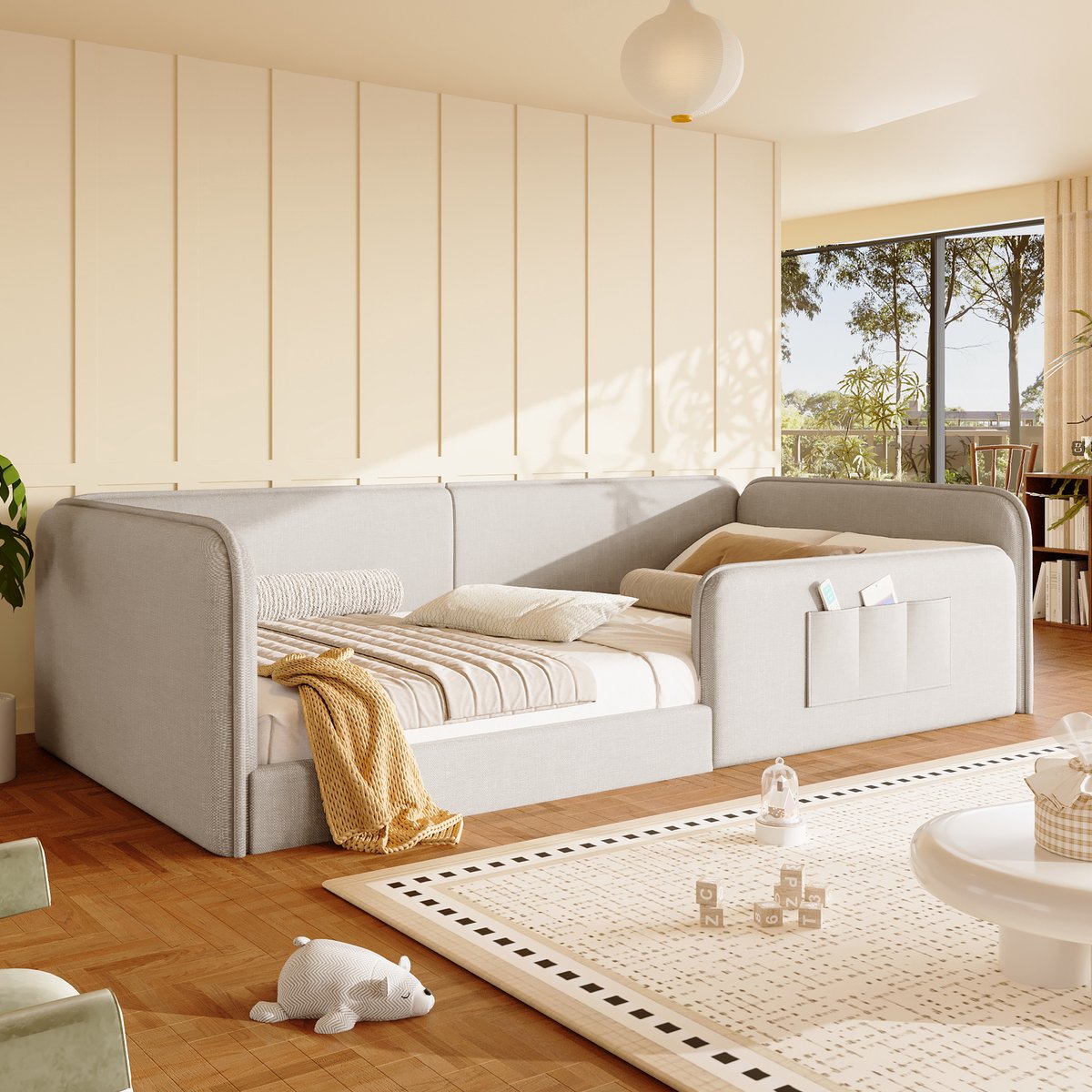 Bedframe 90 x 200 cm - Met veiligheidsrail - Met wielen - Linnen - Beige