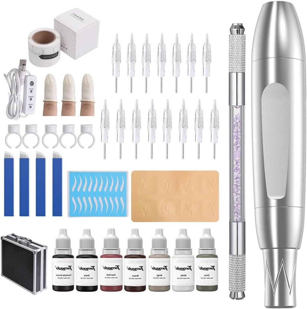 PMU Machine Set - Make-up Apparaat - Permanente Make-up - Metalen Frame - 15 Patronen Naalden - Zilver