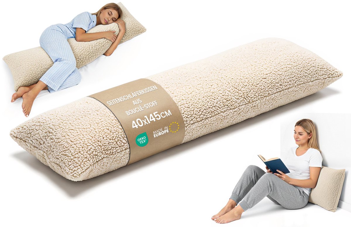 Zijslaapkussen 40x145 cm afneembare hoes – ergonomisch lichaamskussen body pillow voor zijslapers Bouclé zacht ademend vormvast – OEKO-TEX gecertificeerd Crèmekleurig