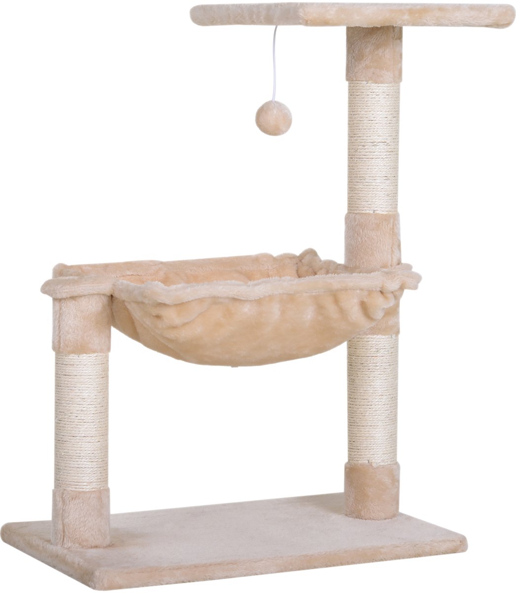 Krabpaal 3 krabpalen sisal natuur platform hangmat en hangende bal afm. 50L x 36B x 70H cm kort pluche beige