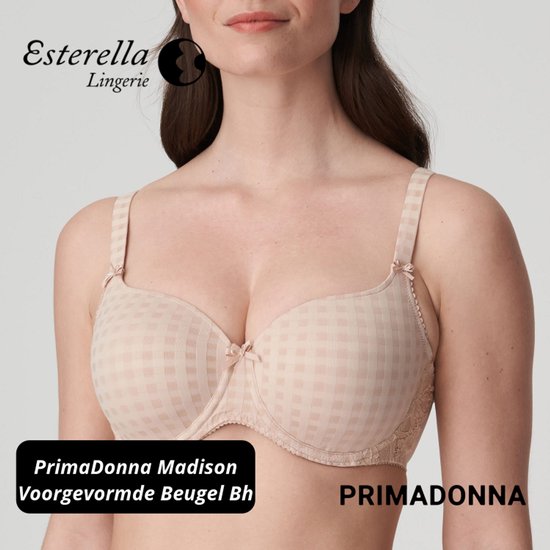 Nude voorgevormde beugel bh met ruitjespatroon, kant aan de zijkant en strikje middenvoor.