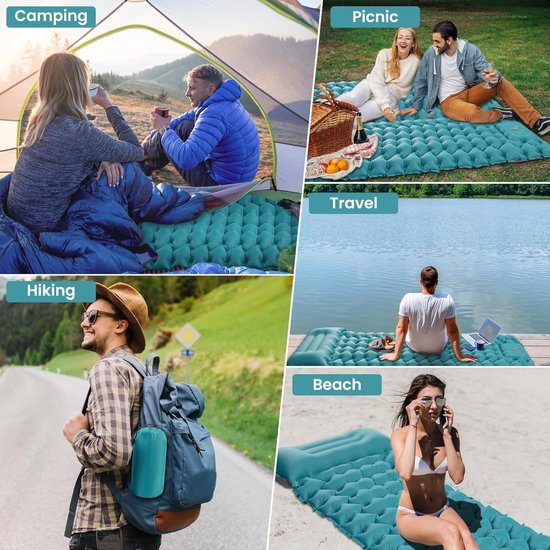 Zelfopblazende Slaapmat - Kampeer Matras Luchtbed - Outdoor Kamperen - Ingebouwde Voetpomp - 196 x 69 cm - Blauwgroen en Grijs — afbeelding 4