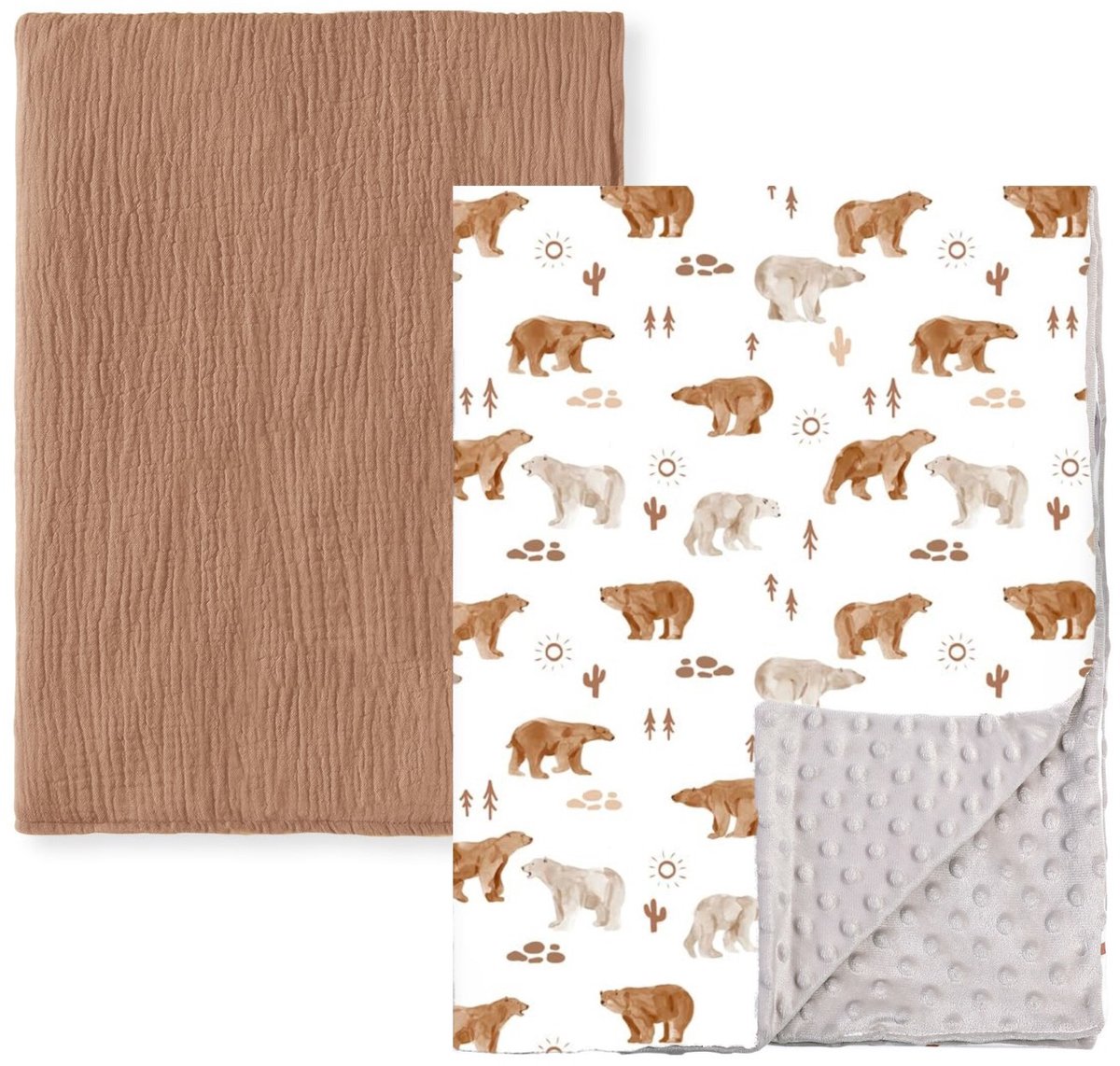 2-delige babydekenset van katoen, 75*100 cm, pasgeboren deken, 100% puur katoen en fleece, multifunctioneel dubbelzijdig babydoopcadeau, geschikt voor kinderwagens, als troostdeken of als inbakerdeken,Set 4