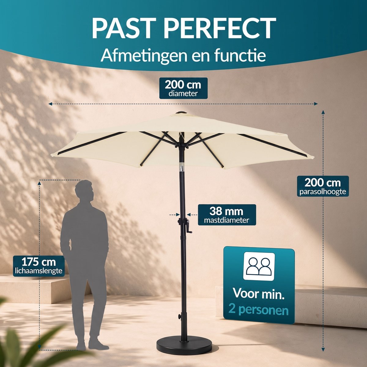 Kingsleeve Parasol 200cm - met Zwengel en Kantelmechanisme - Beige – foto 7