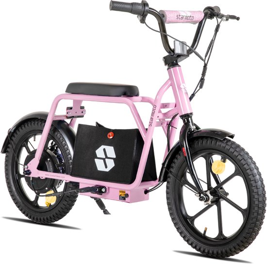 Roze elektrische fiets met 16 inch wielen, zwart zadel en tas, stuur met "starmoto" logo.