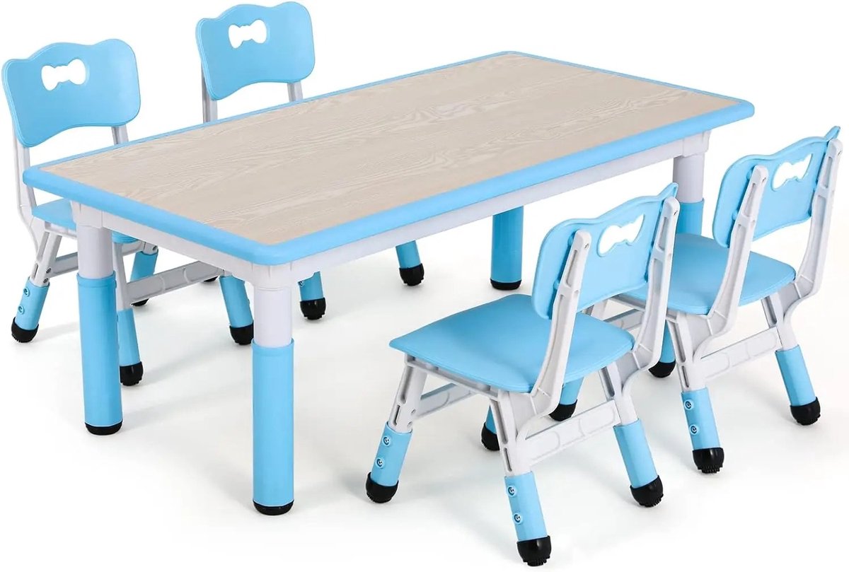Brandistry - Kindertafel Set - Kindertafel En Stoelen - Set van 4 - In Hoogte Verstelbaar - Peutertafel - Antislip Poten - Blauw