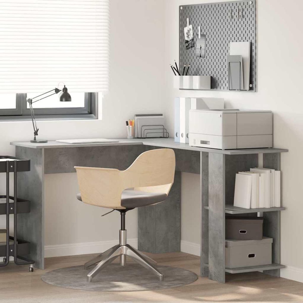 Hoekbureau Hout - Werkplek Bureau - Thuiswerken Orde - Geïntegreerde Planken - 140 cm Breed - Betongrijs