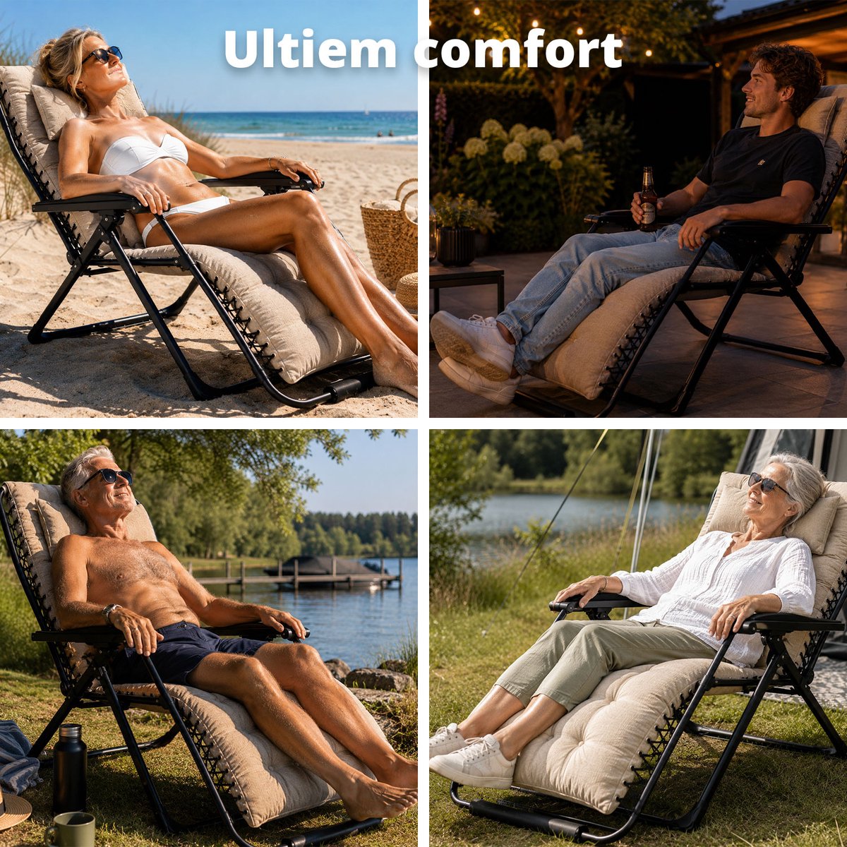 FlinQ 2x XL Relax Tuinstoelen Cloud Comfort Deluxe - Verstelbare Zero Gravity Relaxstoel - Extra breed - Extra dikke kussens - Hoofdkussen & Bekerhouder/Tafeltje - Ligstoel - Tuinmeubelen - Ideale Campingstoel - Ook voor Tuin of Balkon thumbnail 2
