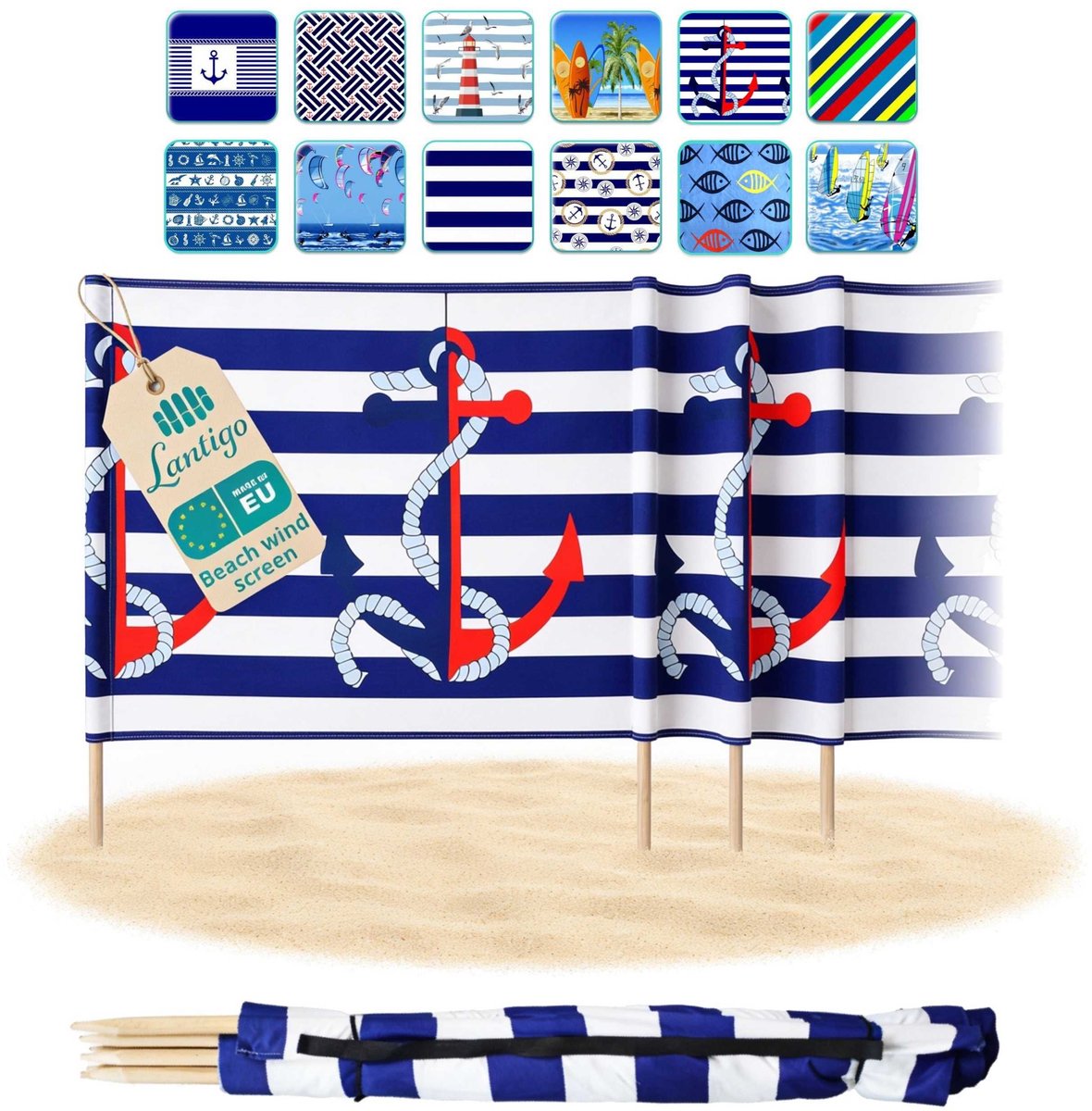 Lantigo Strandscherm Rood en Blauw Anker 16m | Windscherm Strand Microvezel UV-bestendig 80 cm