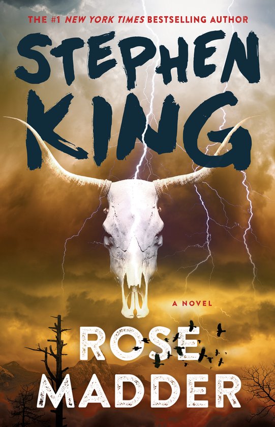 Boekomslag: "Rose Madder" door Stephen King, met een schedel van een stier en bliksem op een dramatische lucht.