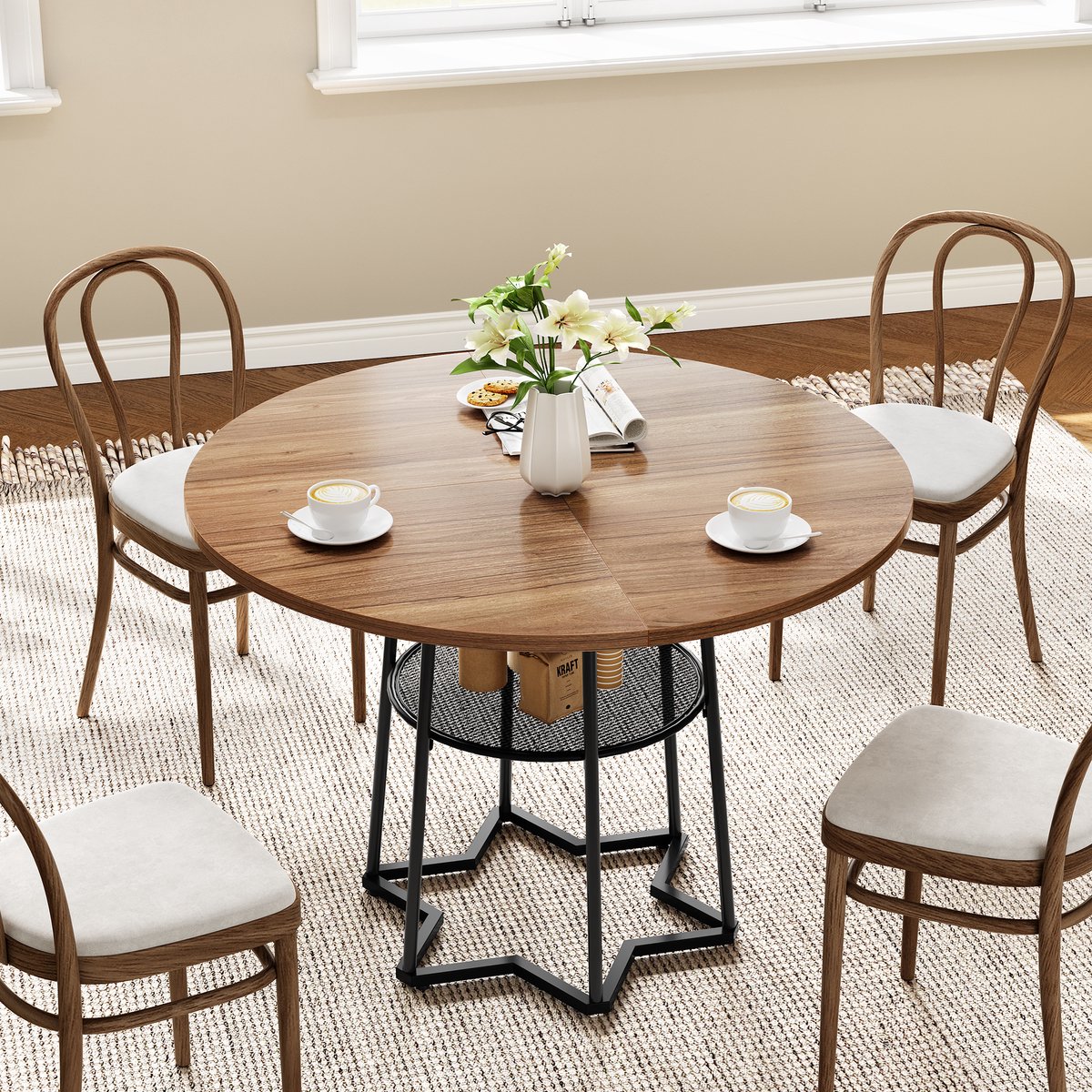 Eettafel Rond met Opbergrek - 98x98x76cm - Keukentafel - Zwaar Uitgevoerd Zeshoekig Metalen Onderstel - Ruimtebesparend - Zonder Stoelen - voor Appartement of Kleine Eetkamer - Bruin