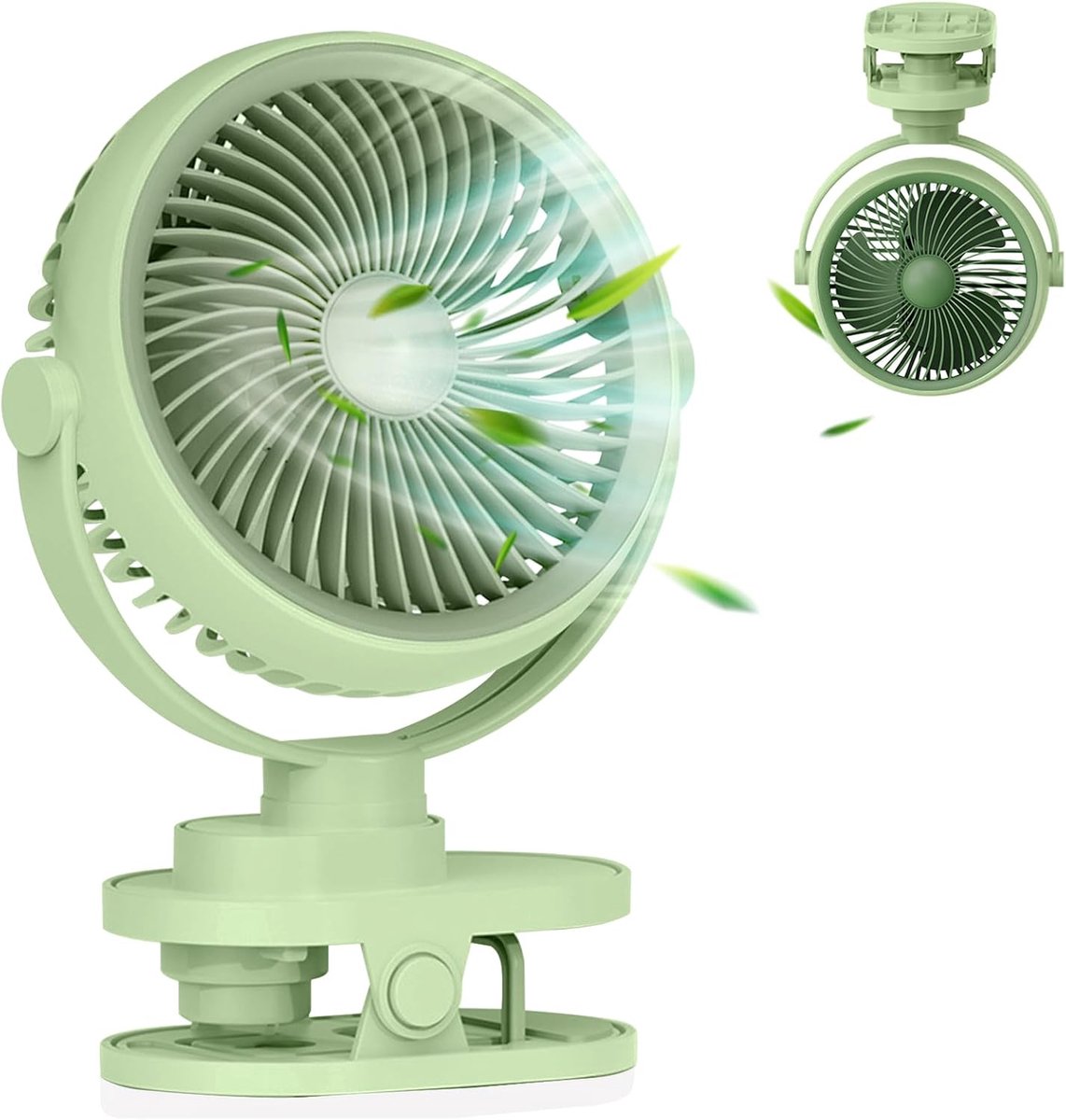 LISM - USB oplaadbare clipventilator, 5 snelheden, 360° draaibaar, omkeerbaar, krasbestendig, compacte clip, Geschikt voor kinderwagens/auto's/kantoor, miniventilator met nachtlampje – ideaal zomercadeau (groen)