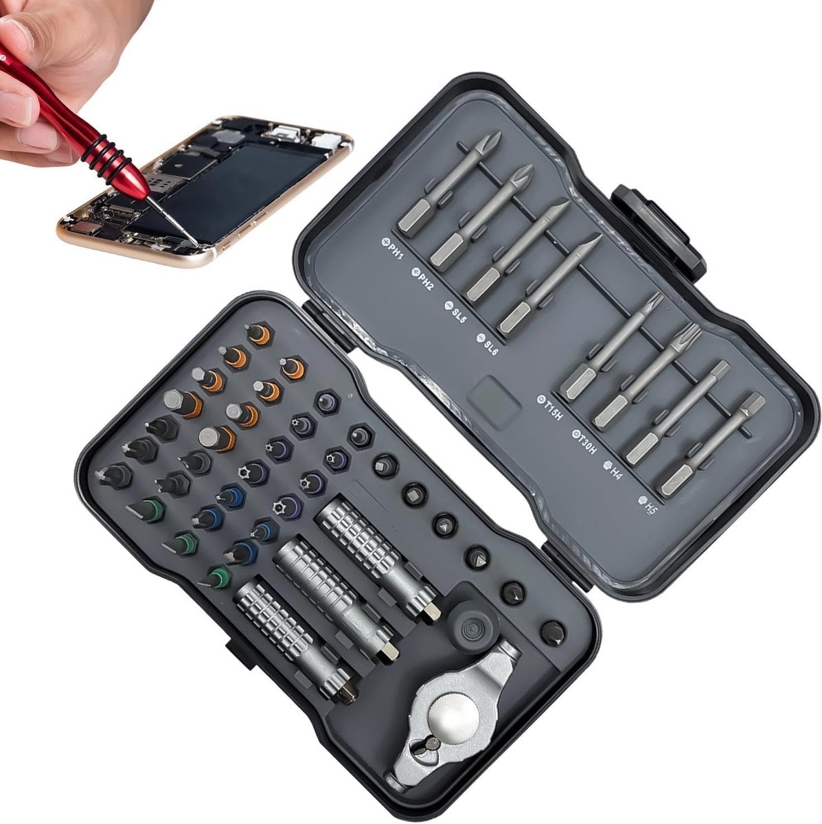 Ratelschroevendraaier Set - Multi Bit Tool - Doe-het-zelf Reparaties - Magnetische Punten - 47 Delig - Grijs