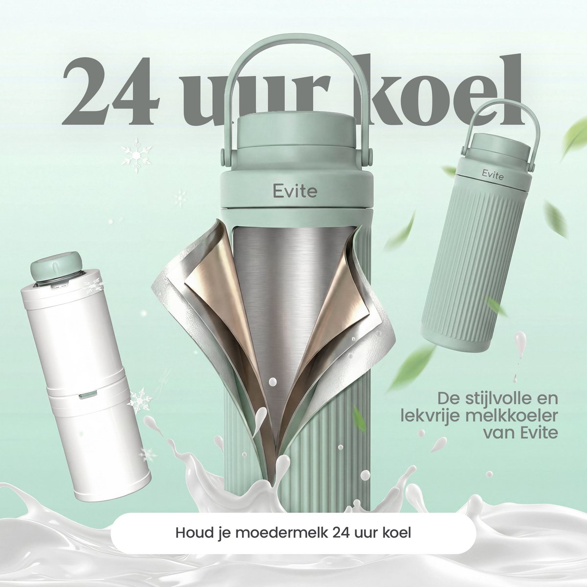 Evite Draagbare Melkkoeler - 700 ml - Ideaal voor Onderweg, Werk & Reizen - RVS - Inclusief 2 BPA-Vrij Bewaarflessen - 24u Koeling thumbnail 2