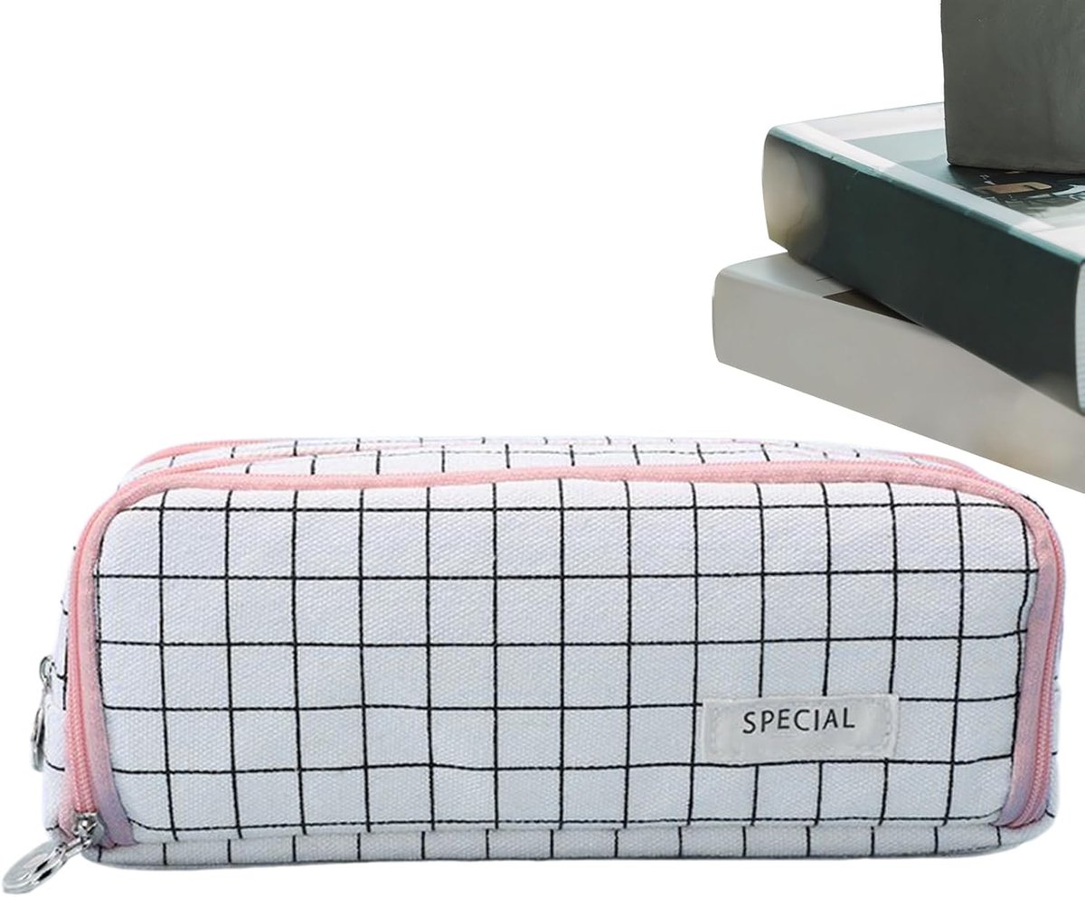 Etui met rits - Pennenhouder organizer - Spullen opbergen - Praktische zone-indeling - 21 cm - Roze wit