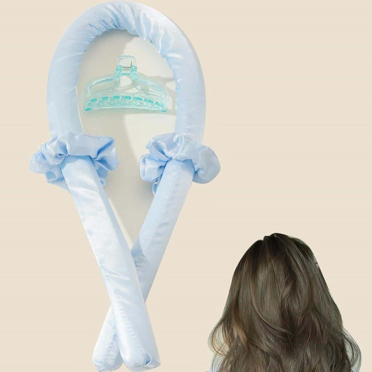Deze 4-delige set met hittevrije krultang bevat een zachte en comfortabele krultang, twee haarelastiekjes en een haarclip, perfect voor het krullen van je haar 's nachts of voor dagelijks gebruik,blauw,4件套