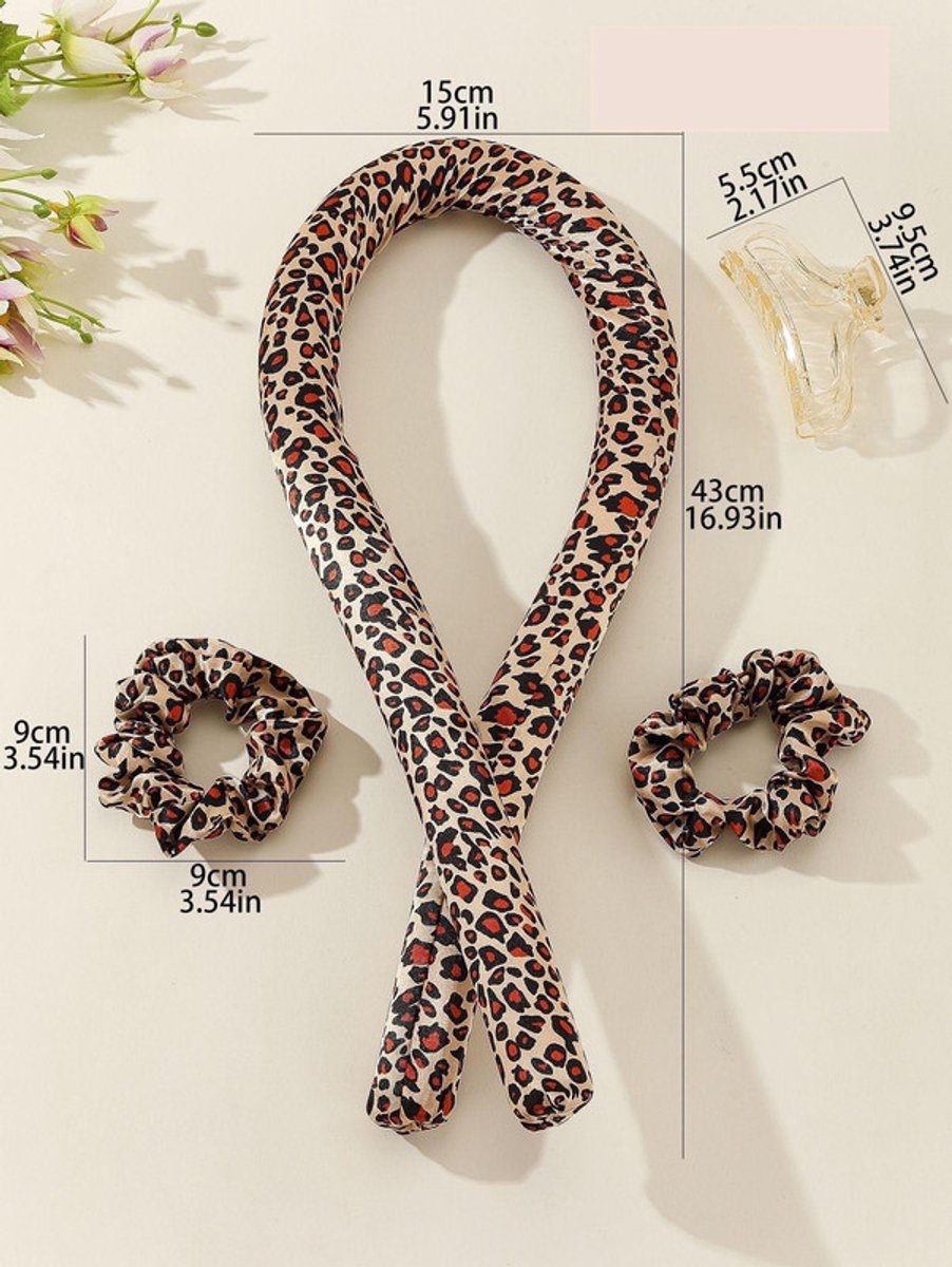 Deze 4-delige set met hittevrije krultang bevat een zachte en comfortabele krultang, twee haarelastiekjes en een haarclip, perfect voor het krullen van je haar 's nachts of voor dagelijks gebruik,Luipaardgeel,4件套