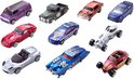 Tien Hot Wheels speelgoedauto's waaronder een paarse bestelwagen, rode sportwagen, blauwe sedan en een witte drag racer.