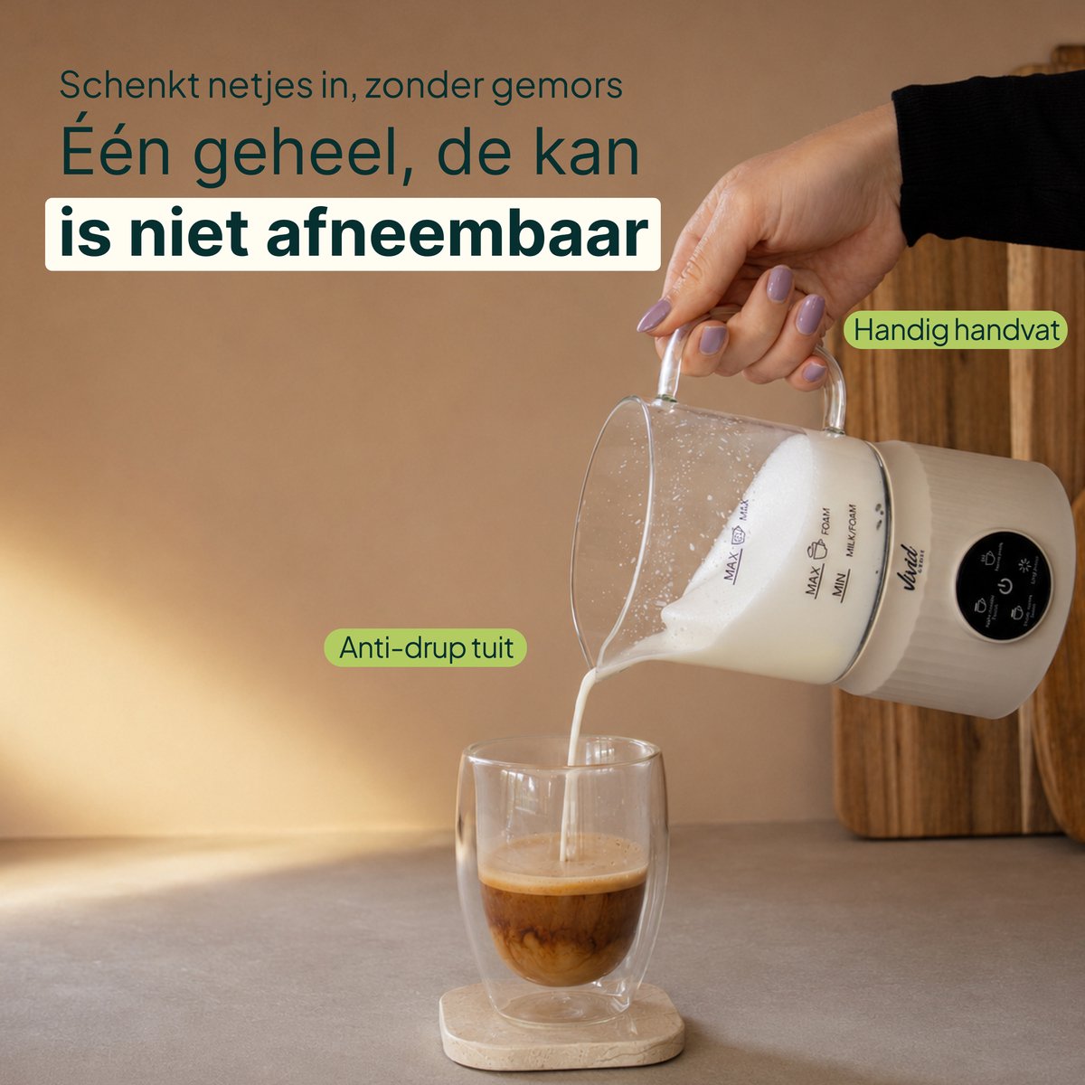 Vivid Green Melkopschuimer Glas - PFAS-vrij - 4-in-1 - 400 ml - Creme - Glazen Melkopschuimer Elektrisch - Warm & Koud Schuim - Melkklopper voor Cappuccino — cadeau in Kookcadeaus - foto 7