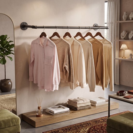 Een zwarte kledingstang met zes kledingstukken in neutrale tinten, in een stijlvol ingerichte slaapkamer.