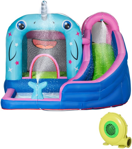 Springkasteel opblaasbaar met waterbassin, watersproeiers, glijbaan en springgedeelte - 330 x 280 x 200 cm
