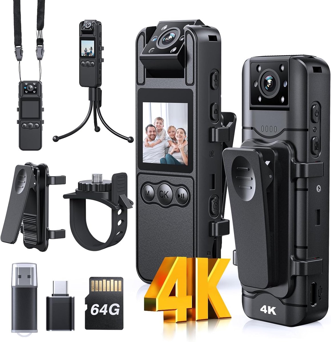 Draagbare Camera - Video Recorder - Veiligheid Opnemen - Nachtzicht Functie - 4K Resolutie - Zwart