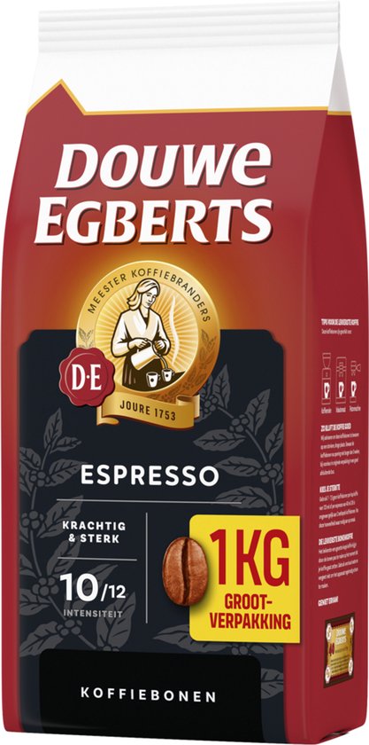 Rode zak Douwe Egberts Espresso koffiebonen 1kg, met 'Douwe Egberts Meester Koffiebranders' logo.