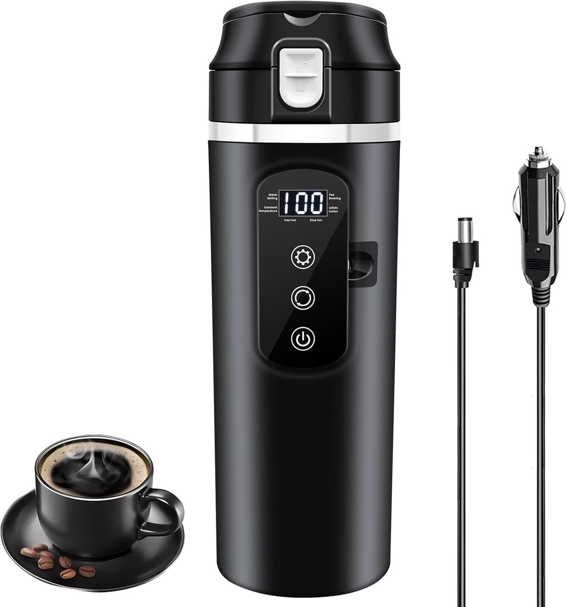 Elektrische Waterkoker - Reisbeker - Voor Onderweg - Variabele Temperatuur - 400ml - Zwart