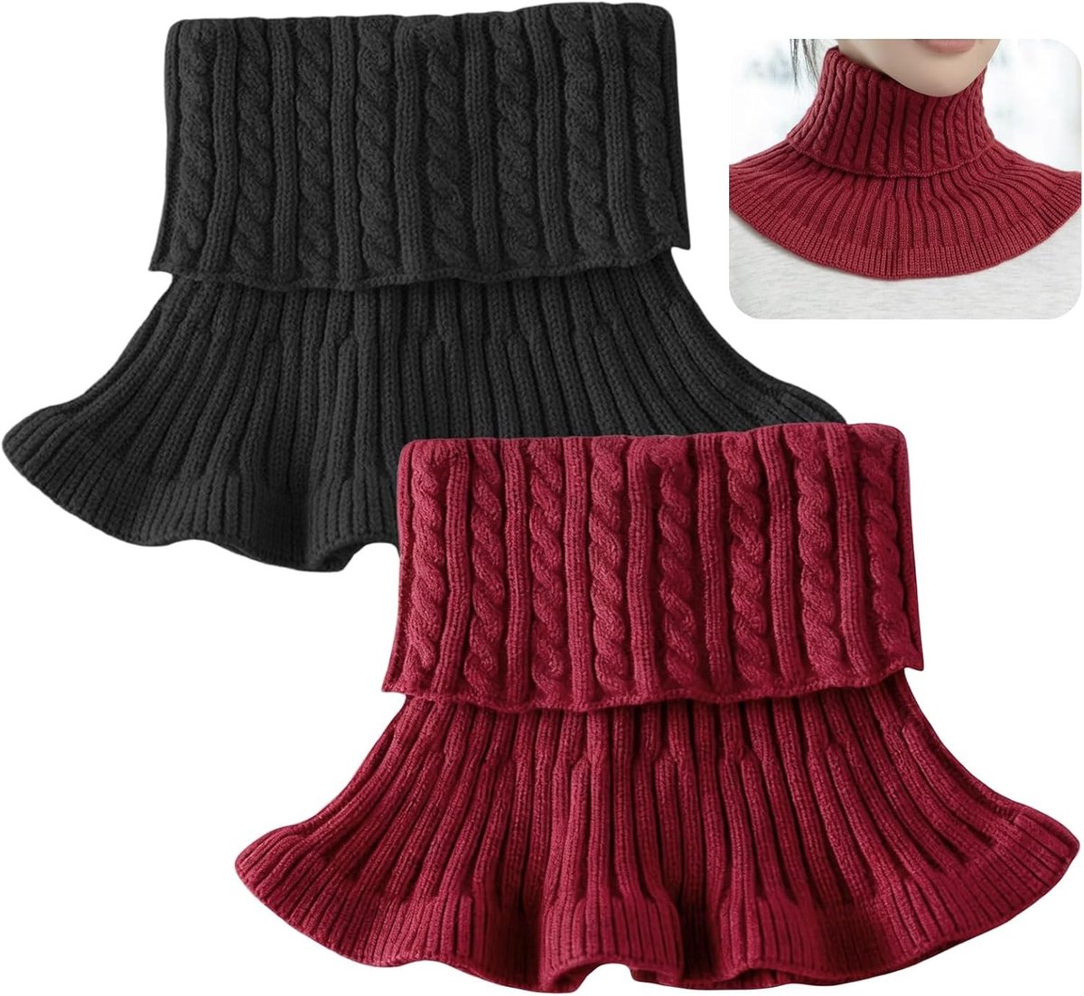 Turtleneck Set met Verwijderbare Sjaal - Zachte Gebreide Kraag in Zwart en Rood voor Casual en Formele Outfits