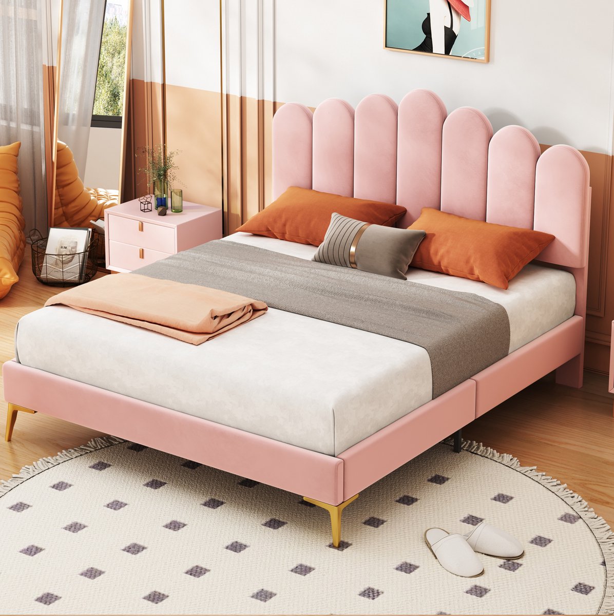 MEUNIQ gestoffeerd tweepersoons bed 140 x 200 cm met verstelbaar hoofdbord, lattenbodem en metalen poten, platform bedframe voor slaapkamer, roze